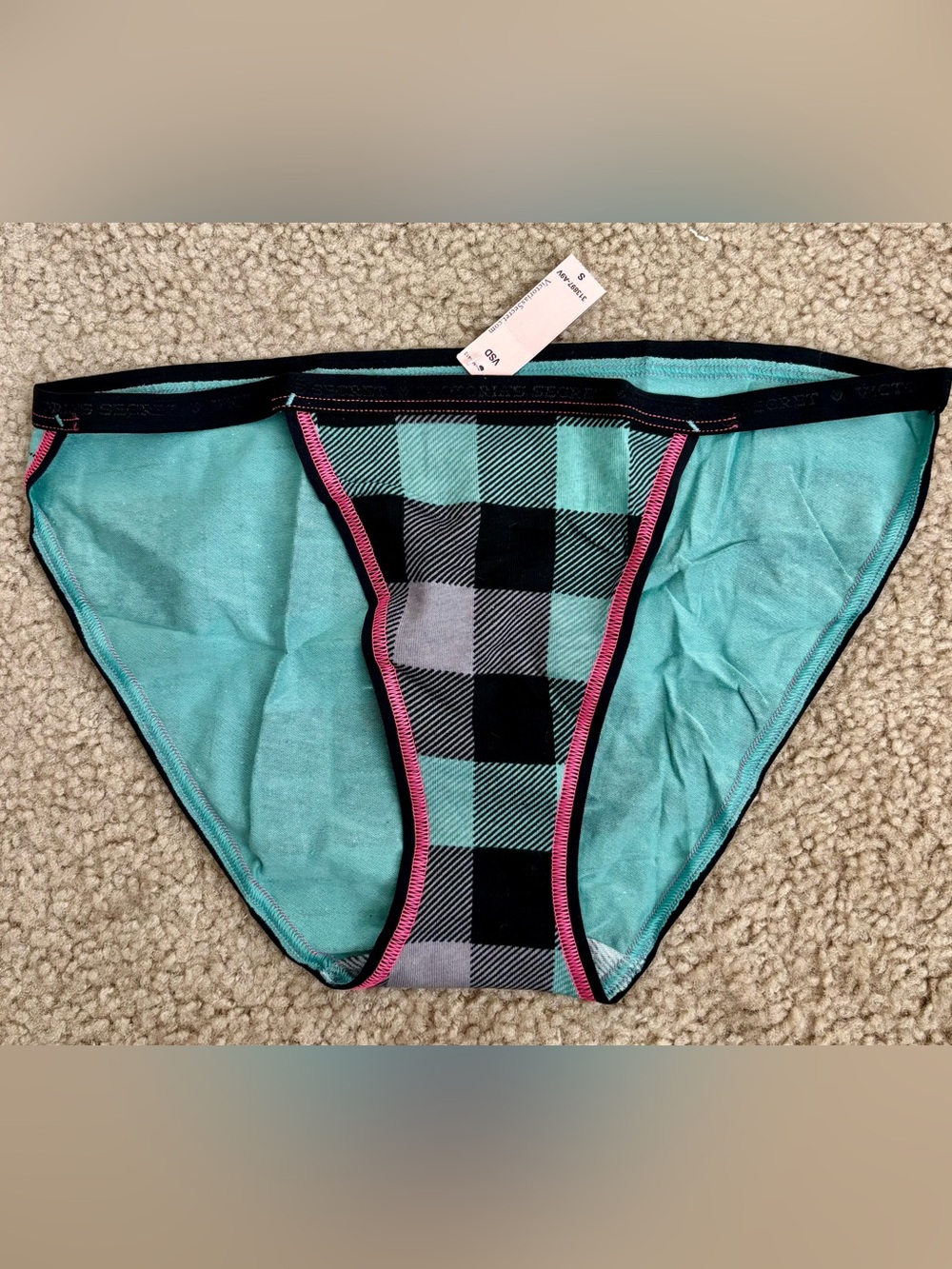 VICTORIA'S SECRET Stretch Cotton String Bikini Panty (1 green plaid).